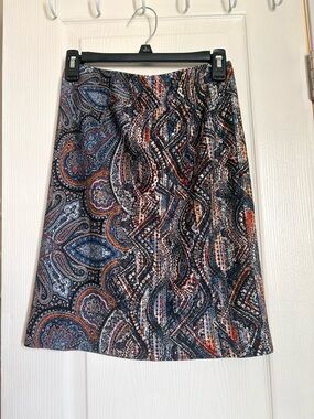 Petite XS Paisley Ponte Pencil Skirt Navy Rust Boho Chic